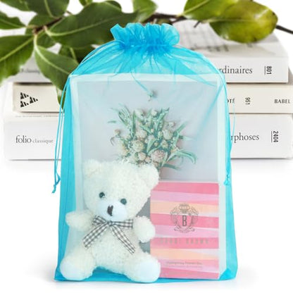 ANZNKU 100 Pcs Large Organza Bags 8x12, Small Mesh Gift Bag Drawstring Bulk - color: Lake Blue