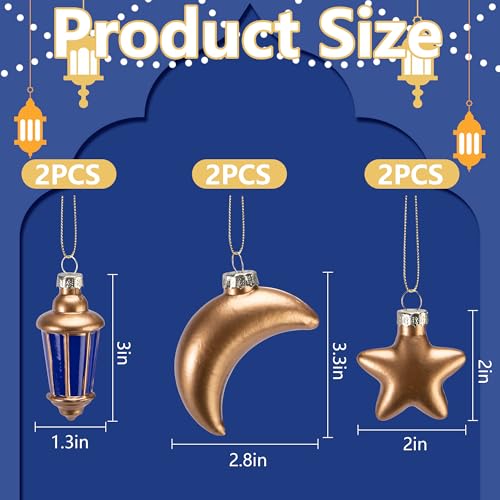 Watayo 6 Pcs Glass Eid Mubarak Lanterns Moon Star Ornaments, Hanging Ramadan Tree Ornaments, Islam Ramadan Kareem Moon Star Lantern Pendant Decorations for Islamic Muslim Festival Party Home Decor
