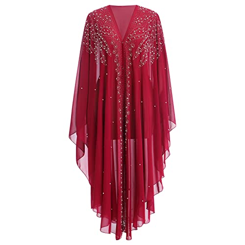 OBEEII Muslim Dress for Women Loose Batwing Sleeved Hooded Beaded Embroidery Long Abaya Dress Kaftan Abayas Islamic Robe - color: Bs08