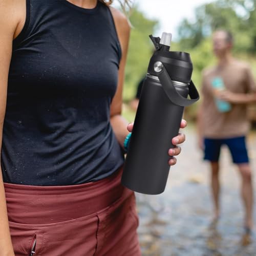 Fijinhom 18oz Insulated Stainless Steel Water Bottle, Wide Mouth Double Wall Vacuum, Silicone Straw, Sweat & Leak Proof, BPA Free Insulated Water Flask for Travel, Keep Cold 24h Hot 12h, Black - color: Black, size: 18 Ounces