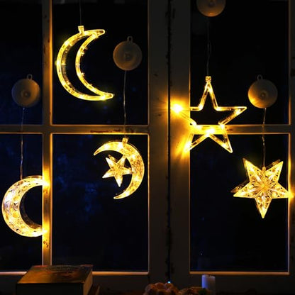 Tujoe 5 Pcs Ramadan Decorations Lights Eid Mubarak Moon Star Window Light LED Battery Powered Islam Window Silhouette Light Islamic Muslim Ramadan Hanging Decor for Wall Home Baby Room Outdoor Patio