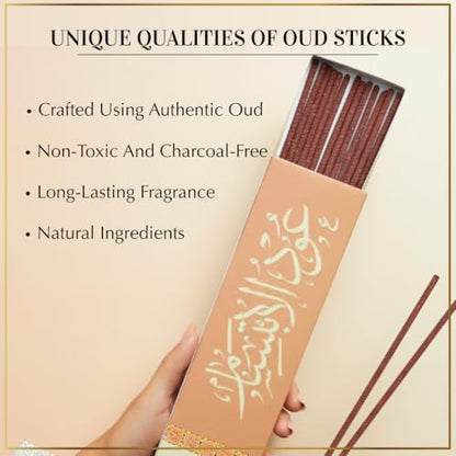 Oud Al Ibtisam Incense Sticks by Dukhni – Floral Oudh Scent | Agarwood Arabian Charcoal Free Incense I 90 Long-Lasting Oud Sticks | Organic & Non Toxic I Relaxing Aroma for Home, Aromatherapy, Prayer