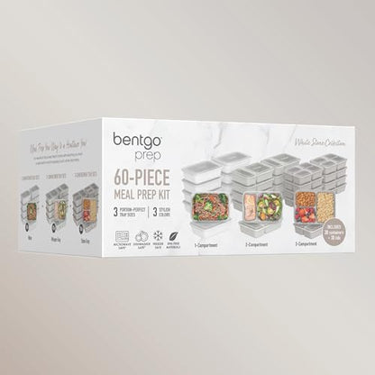 Bentgo Prep 60-Piece Meal Prep Kit - Reusable PFAS & BPA-Free Food Containers, 1-Compartment, 2-Compartment, & 3-Compartments - Microwave, Freezer, & Dishwasher Safe (White Stone) - color: White Stone