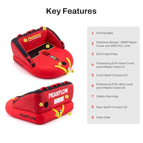 PEAKFLOW Towable Tube,Boat Tube,1-3 Person,Tubes for Boating,PVC Liner and Full Nylon Cover,Lake & Ocean Fun - size: ‎2 Rider Passione