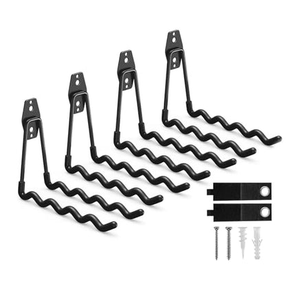CBWLWJ 걸기용 튼튼한 벽 후크 4팩 - 미끄럼 방지 코팅, 솔리드 스틸 19.9cm(7.7인치) 웨이브 차고 후크 사다리, 자전거, 도구 등을 위한 (블랙) - color: 블랙., size: wave hooks-4pcs
