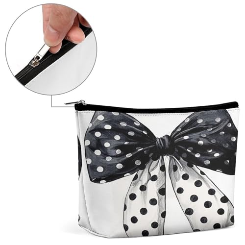 Black And White Polka Dot Bow Makeup Bag, Travel Toiletry Organizer, Cosmetic Pouch for Women, Birthday Presents for Mom Girls Women Sisters - color: Black And White Polka Dot Bow