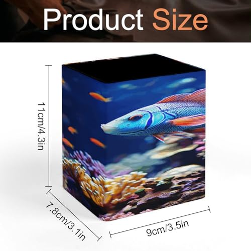 Coral Reef Fish Aquarium Square Pen Holders Classical Design Pencils Holders Makeup Brush Holders Leather Pen Holder Cup Desktop Stationery Organizer for Office Supplies