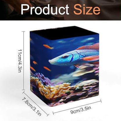 Coral Reef Fish Aquarium Square Pen Holders Classical Design Pencils Holders Makeup Brush Holders Leather Pen Holder Cup Desktop Stationery Organizer for Office Supplies