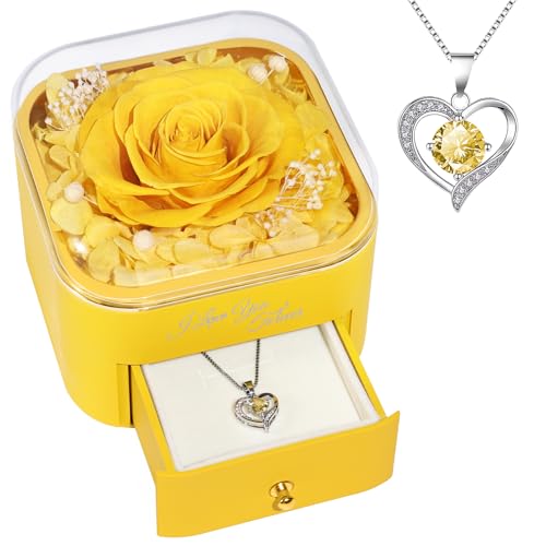 Beferr Birthday Gifts for Women Preserved Real Rose with Necklace Eternal Roses Forever Flowers for Delivery Anniversary Mothers Gifts for Mom Her Grandma Wife Sister from Daughter Son - color: Yellow