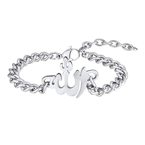 PROSTEEL Allah Bracelet, Muslim Islamic Jewelry Religious Islam Arabic God Charm Stainless Steel Beads Chain Bracelet, fits wrist from 5.9'' to 7.9'', Come with Box - color: 02 silver-cuban chain