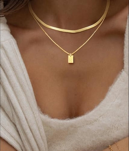 14K Gold Plated Layered Initial Necklace for Women with Herringbone Chain | Herringbone Choker & Letter Pendant, Waterproof Non-Tarnish Adjustable Snake Chain, 2Pcs Minimalist Stacking Jewelry Gift - color: R