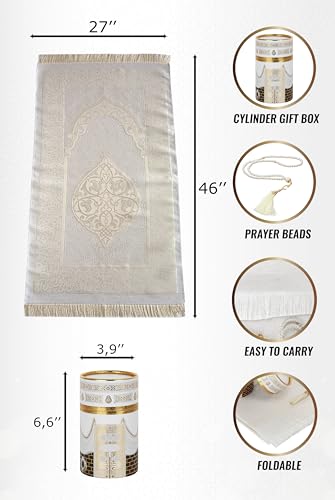 ihvan online Muslim Prayer Rug and Prayer Beads with Elegant Design Cylinder Gift Box, Janamaz, Soft Sajadah, Islamic Gifts Set, Portable Prayers Carpet Mat, Taffeta Fabric, White / Mod2 - color: White/Mod2