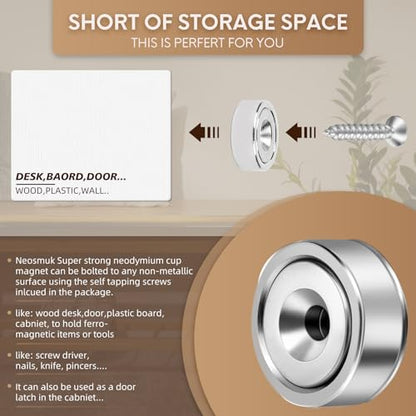 Neosmuk Magnets with Screws,22lbs+ Heavy Duty Rare Earth Neodymium Mounting Magnets with Holes, Countersunk Round Disc Industrial Magnets for Wall Mounting, 4 Pack - color: Silver, size: 22 lb