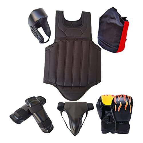 Sparring Gear Set Double Layer Thickening Sparring Gear Set,Martial Arts Protector Equipments,Sanda Kickboxing Kit 6 Pcs Set - color: Black, size: Small