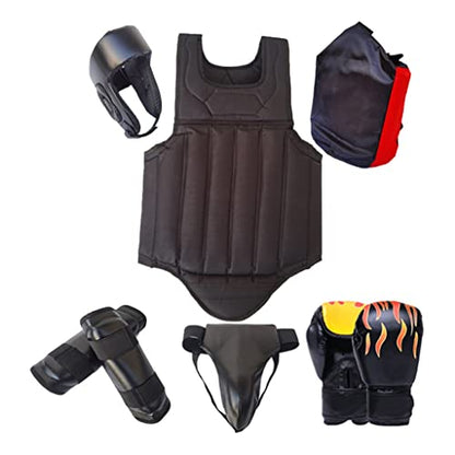 Sparring Gear Set Double Layer Thickening Sparring Gear Set,Martial Arts Protector Equipments,Sanda Kickboxing Kit 6 Pcs Set - color: Black, size: Small