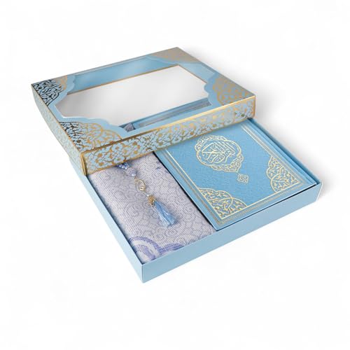 FURKAN Thermo Leather Quran Blue, Prayer Rug and Prayer Beads, Zuhre Gift Box - Blue - color: Blue