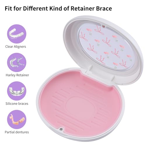 Cute Retainer Case with Silicone Pad, Portable Slim Aligner Case Orthodontic Retainer Box, Denture Storage Container Travel Mouth Guard (Bowknot Cherry) - color: Bowknot Cherry