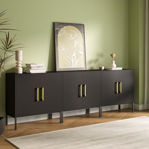 3 Set of Storage Buffet Cabinet with Gold Handles and Metal Legs, Black丨Freestanding Sideboard, Modern Wooden Side Cabinets for Bedroom, Living Room, Kitchen, Office and Hallway - color: Black, size: 3PC