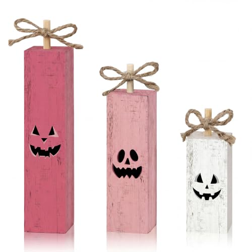 Smile Halloween Wooden Standing Block Decor Pink Jack-O'-Lantern Face - style: Pink Halloween