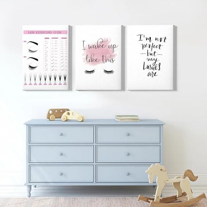 Makeup Wall Art Canvas Fashion Art Eyelash Pictures Eyelash Extension Guide Poster Beauty Salon Wall Art Pink Black and White Painting Lashes Picture for Bathroom Living Room 16x24inchx3 with Framed - color: Beauty Salon Wall Art Framed, size: 16"L x 24"W