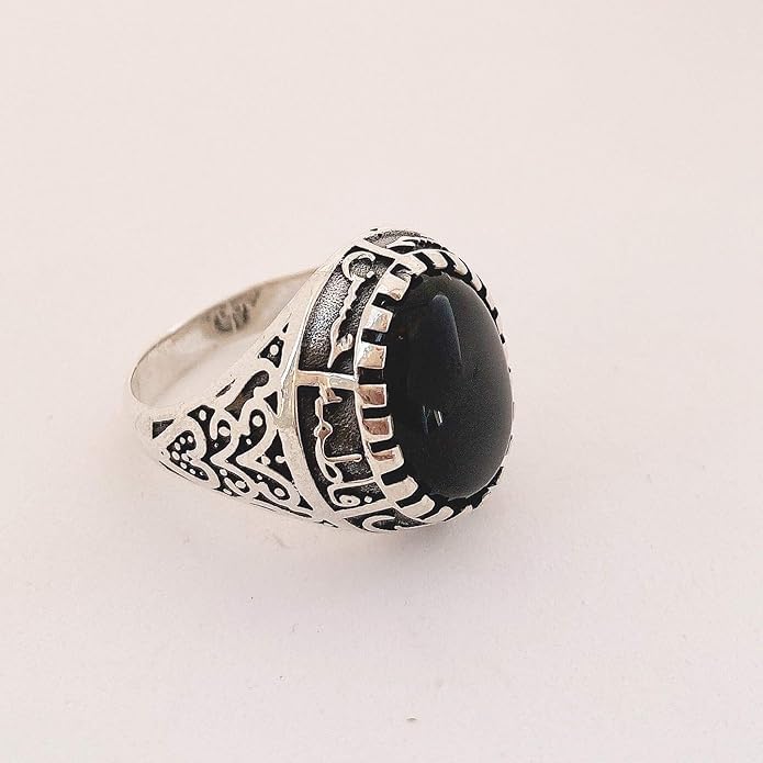 Islamic Sterling Silver Ring with Black Yemeni Aqeeq Stone, 925 Silver Religious Engraved Design, Ahlulbayt Muslim Prayer Jewelry for Men and Women,islamic ring,islamic men wowan ring - color: Black Onyx
