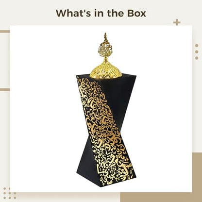 Frankincense Resin Incense Burner, 8.7 Inch Black and Golden Bakhoor Burner, Unique Rotating Shape Charcoal Incense Burner for Aromatherapy, Yoga, Spa, Meditation, Office Home Decor