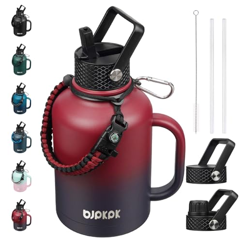 BJPKPK 50oz Insulated Water Bottle with Straw Lid Stainless Steel Water Jug - color: Charming Red, style: 50oz-Side Handle