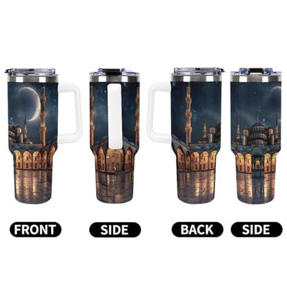 Blue Mosque Islamic Muslim Insulated Tumbler Stainless Steel Travel Coffee Mug with Lid And Straw 40oz - color: white-style