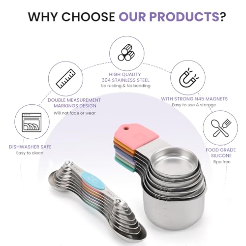 Magnetic Measuring Cups and Spoons Set-Heavy Duty 304 Stainless Steel | Double Measurement Markings,BPA-Free,Set of 16 with Leveler for Measuring Dry and Liquid Ingredients(Colors) - color: Color