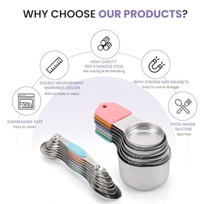 Magnetic Measuring Cups and Spoons Set-Heavy Duty 304 Stainless Steel | Double Measurement Markings,BPA-Free,Set of 16 with Leveler for Measuring Dry and Liquid Ingredients(Colors) - color: Color