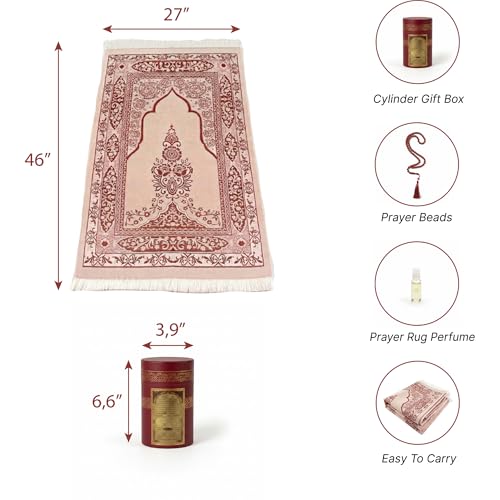 Islamic Prayer Rug 4 Pcs Gift Set with Kaaba Design Box | Sajadah, Tasbih, Perfume | Suitable for Ramadan, Eid, Travel, or Home (Burgundy, Standart) - color: Burgundy