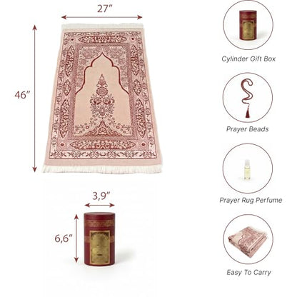 Islamic Prayer Rug 4 Pcs Gift Set with Kaaba Design Box | Sajadah, Tasbih, Perfume | Suitable for Ramadan, Eid, Travel, or Home (Burgundy, Standart) - color: Burgundy