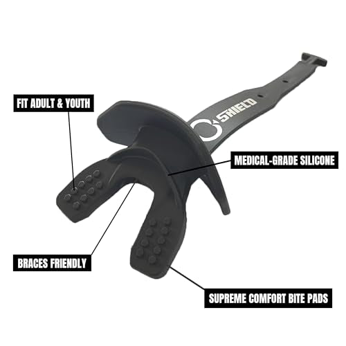 O Shield Striker Football Lip Guard with Permanent Strap | Permanent strap for tackle football, front teeth and full bite coverage, no boil, brace friendly - color: Black