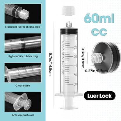 60ml Luer Lock Syringe with Cap and Soft Plastic Tube, Individually Wrapped 10 Pack, Suitable for Pet Liquids Feeding - size: 60ml - 4.0mm Tube