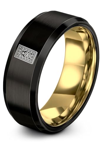 Gift for Muslim Devotee - Prayer Rug Pattern Ring - Black Yellow Rose Gold - Band - Anniversary Wedding - Personalized Custom Engraving - Flat Dome Bevel - 8mm - Men Women - Tungsten Carbide - color: 13 - Yellow Gold Gunmetal Tungsten