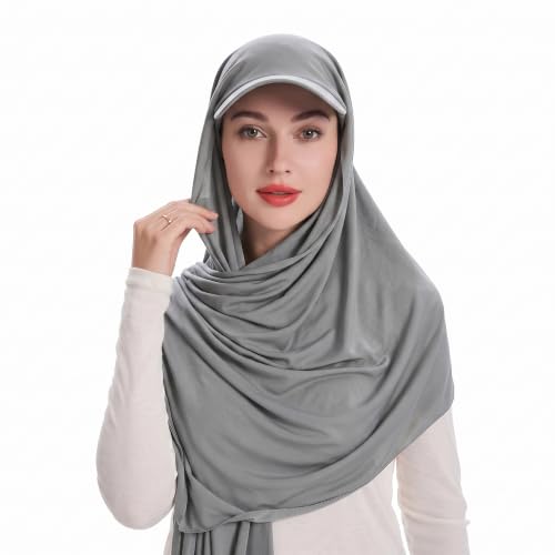 ZLYC Women Muslim Hijab Scarf with Visor Built-in Undercap Sun Protection Headwrap - color: Solid Light Gray