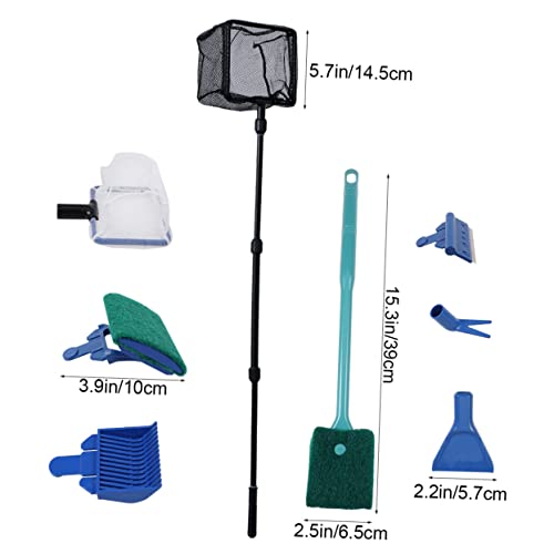 VICASKY Fish Tank Kit Aquarium Glass Tank Tools with Gravel Rake Scraper Plant Fork Sponge Brush and Net Aquatic Maintenance Green