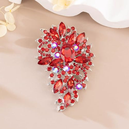 SELOVO Women's Rhinestone Crystal Wedding Flower Leaf Sparkle Brooch Pin - color: Red