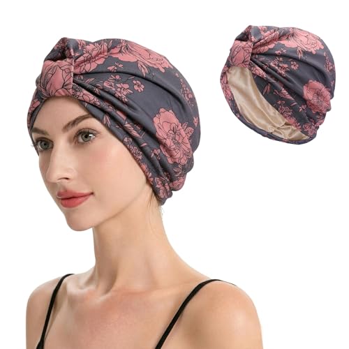 ZLYC Satin Lined Hijab Cap for Women Tie Back Undercap Underscarf Hat - color: Knot Pink Flowers Gray