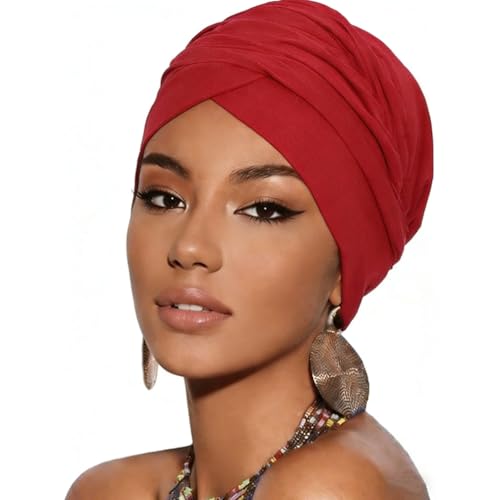 Turban Head Wrap Scarf,African Women' Soft Long Scarf Shawl Hair Bohemian Headwrap Stretch Headband Tie - color: Wine Red