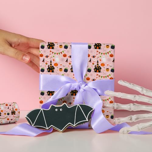 Cuitpan Halloween Wrapping Paper - Spooky Gift Wrap with Pumpkins, Ghosts, Haunted Houses & Bats Design - Perfect for Kids & Adults Halloween Presents - 40×28 Inches, 4 Folded Sheets - color: Pink-Halloween