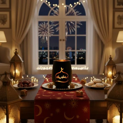 Ramadan Mubarak Decorations, Matte Black & Gold Glass Tealight Holders, Eid Mubarak Table Decor with Mosque Silhouettes, Luxury Islamic Home Decor & Gift for Ramadan Kareem