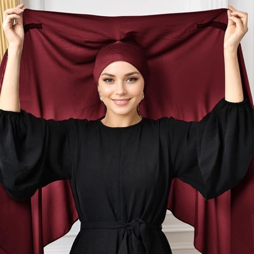 Instant Hijab Set 3-in-1 Chiffon Hijab Scarf for Women with Built-in Magnets and Undercap Head Wraps - color: Burgundy