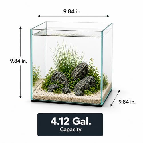 Aquatop High Clarity Low Iron Glass Cube Aquarium, 4.12 Gal – 5mm Thick Glass – Slim Design – Fresh & Saltwater – Desktop Tank with Silicone Sealing - size: 4.1 Gal