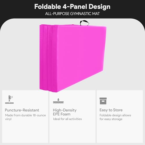 BalanceFrom 10x4 Feet 4-Panel Folding Gymnastics Mat – 2-Inch Thick Pad with Vinyl Surface and Carrying Handles for Tumbling, Yoga, Pilates, Home Workouts, and Martial Arts - color: Pink