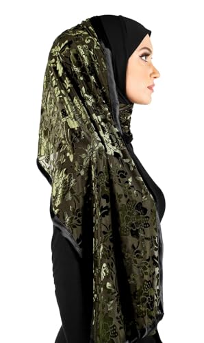 Stylish Mona Hijab Women's Black Kuwaiti with Chiffon Wrap Shawl & Satin Trim - color: Black With Green Velvet