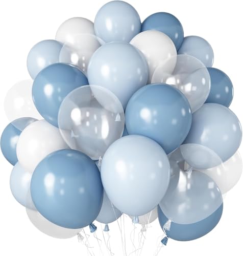 Blue White Clear Balloon, 30pcs 12 Inch Dusty Blue Balloons Macaron Light Blue Matte White Transparent for Gender Reveal Bridal Baby Shower Birthday Party Decorations - color: Dusty Blue White