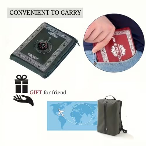 Portable Polyester Muslim Prayer Mat, Square Unnapped Woven Fabric with Directional Compass for Travel & Daily Prayer(Blue)