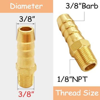 Uenede Brass 1/8" NPT Male to 3/8" Hose Barbed Fittings, 6PCS | Barb Pipe Fittings with Clamps Air Line Repair Connectors for Water Oil Gas - size: 3/8"Barb, style: 1/8"NPT Male