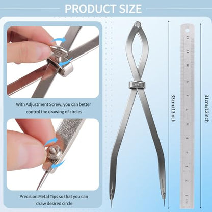 Radius Divider Tool 20" in with Bonus 12" Stainless Steel Ruler, Heavy Duty Wing Divider Scriber Marking Tool for Metalworking & Woodworking - Upgraded Lock Nut Design with Replaceable Sharp Points